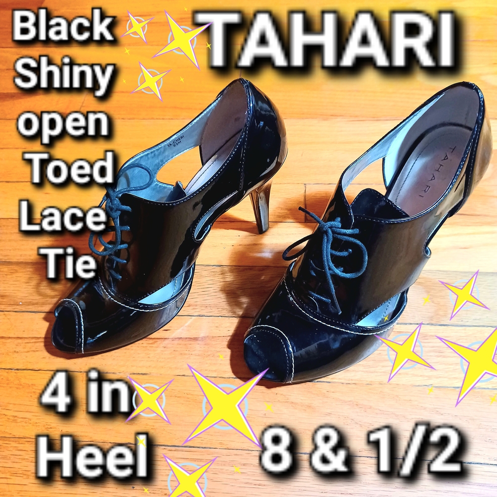Tahari Glossy Black Lace-Up Heels